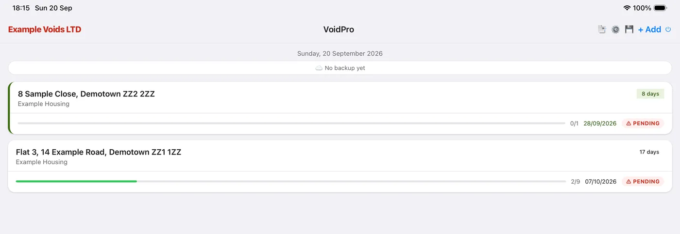 The VoidPro job list on an iPad, with the job due soonest at the top and marked green