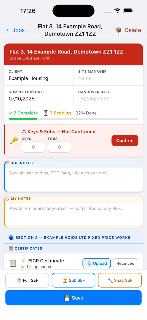 A VoidPro job screen showing client, completion date, progress, keys and fobs, and certificates